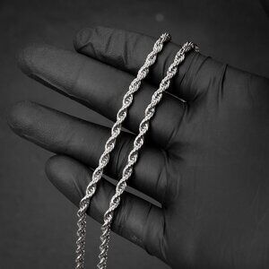 Solid White Gold Plated Heavy 316 Stainless Steel 4MM Twist Rope Chain Necklace
